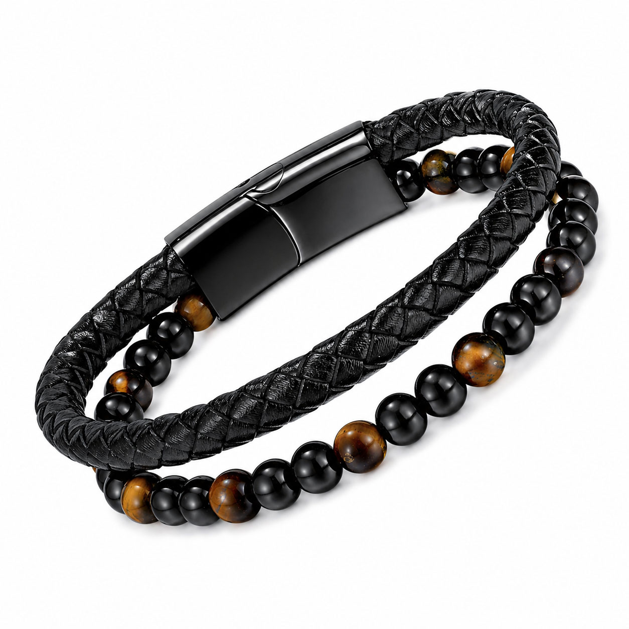 Reiko Bracciale in acciaio Yellow Tiger Eye & Black Agate
